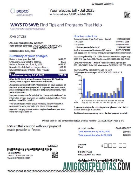 realista Modelo de fatura de serviços públicos Pepco dos EUA em formatos Word e PDF, versão 3